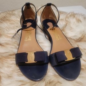 Authentic navy blue Vera bow ankle strap low heels